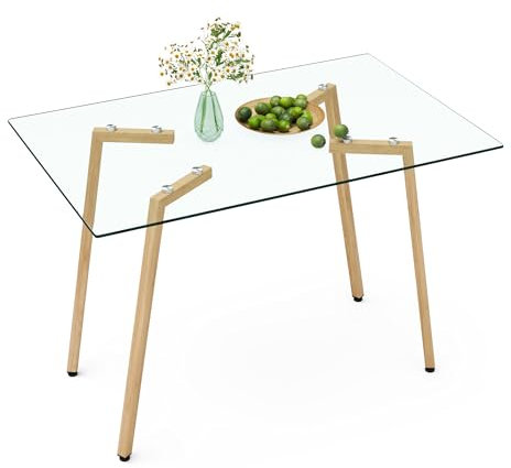 Table à manger rectangulaire moderne pour 4 à 6 personnes, plateau en verre robuste de 0,8 cm et pieds en métal, idéale pour la cuisine, la salle à manger et le salon, intemporel et durable,