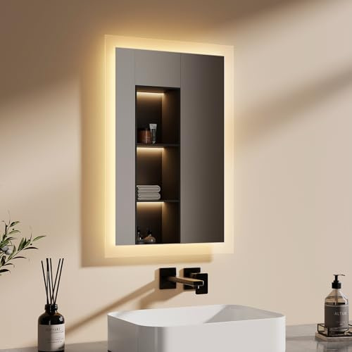 EMKE Badspiegel mit Beleuchtung 40x60cm, Badezimmerspiegel mit Warmweiß Licht 3000K, Wandschalter, badezimmerspiegel mit Beleuchtung ideal für Badezimmer