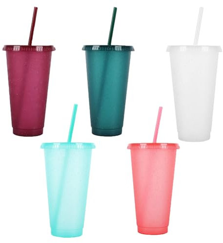 5Pcs Reusable Glitter Cups with Lids and Straws,24oz/710ml Reusable Plastic Cup Drinkware Tumblers Coloured Acrylic Cups Plastic Cold Water Tumblers 710ml Party Tumbler Cup Cold Cups Set Travel Cups