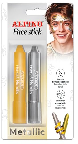 Alpino - Blister de 2 Barras de Maquillaje Face Stick Metallic – Oro y Plata | Acabado Brillante y Duradero | Fácil Aplicación en Barra de 5g | Ideal para Fiestas, Disfraces y Maquillaje Artístico