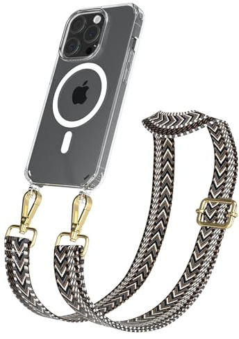 EAZY CASE Handykette - Verstellbares Taschenband kompatibel mit iPhone 15 Pro, Schulterriemen, Handykordel mit Silikon Hülle, Qi Charging kompatibel, Umhängetasche, Grau Schwarz Gold