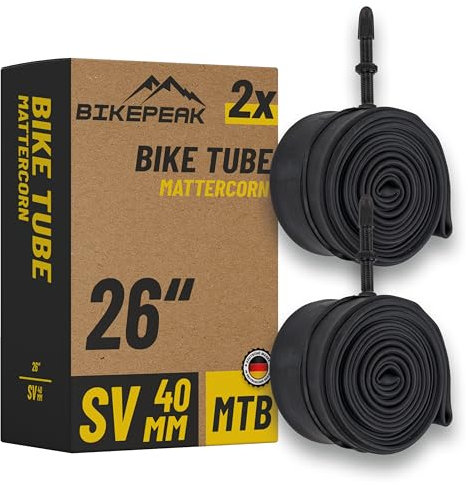 BikePeak 2X Fahrradschlauch MTB 26 Zoll mit schwarzem Sclaverandventil 40mm - Schlauch SV Presta Ventil, ETRTO 40/62-559, 650B - 2er Set Schläuche Mattercorn