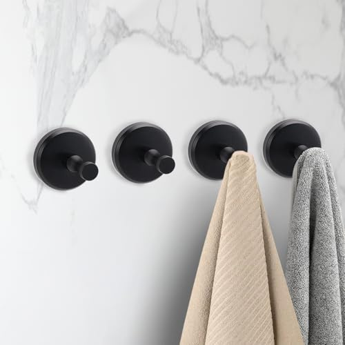 TYBYBB 4 Stk Handtuchhaken Haken Ohne Bohren Bis zu 5kg Klebehaken zum Kleben Badezimmer Badhaken Selbstklebend Schwarz Matt Handtuch Haken für Bad Wand Küche Toilette Handtücher Extra Stark