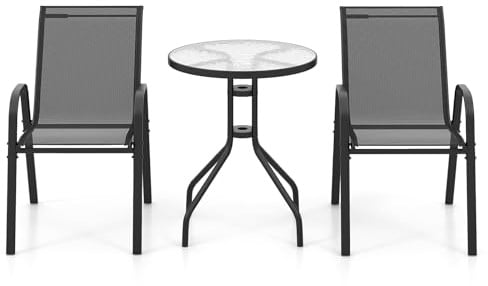 GOPLUS Salon de Jardin Extérieur 2 Personnes avec 2 Fauteuils et Table Basse, Salon de Balcon avec Plateau en Verre Trempé, Cadre Métallique, Table et Chaises d'Extérieur pour Terrasse
