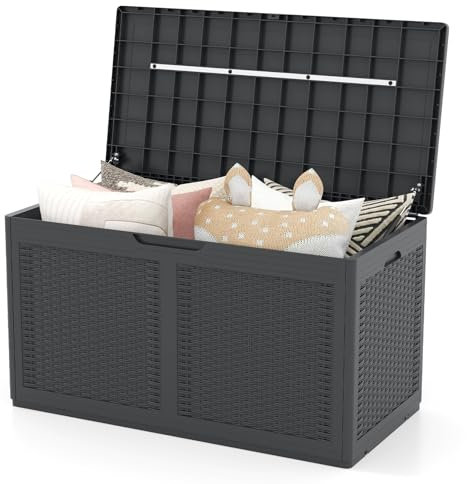 COSTWAY Coffre de Rangement Extérieure en Résine 380 L, Boîte de Rangement Étanche à Texture Rotin avec Roues Couvercle Verrouillable, pour des Outils Jouet Accessoires 111 x 56 x 61 cm (Gris)