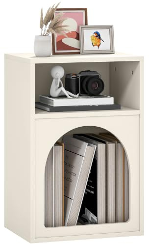 HOMCOM Moderner Nachttisch, schmal, mit 2 offenen Fächern, Design in Bogenform, Beistelltisch für Wohnzimmer, Schlafzimmer, 40 x 30 x 60 cm, cremefarben