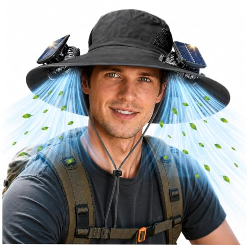 Sonnenhut mit Ventilator Solar & USB 3 Stufen Fan | Wide Brim Solar Fan Outdoor Fishing Hat Solar & USB Charging Einstellbare Windrichtung Wiederaufladbarer Hut mit Ventilator