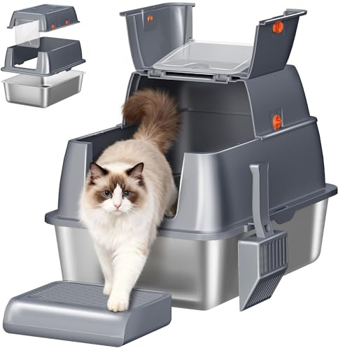 Fobyfurny Edelstahl Katzenklo mit Deckel XXL, 61 x 41 x 40 cm, Dunkelgrau | Geschlossene Katzentoilette, 180°Klappdeckel, Inklusive Pedal und Schaufel, Leicht zu Reinigen, Modulares Design FPLB203SG2
