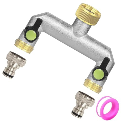 HASLED Sdoppiatore Rubinetto Giardino 2 Vie, Raccordo Doppio in Lega di Zinco per Tubo Irrigazione, con Valvola a Sfera Regolabile, Adattatore Universale Interno/Esterno