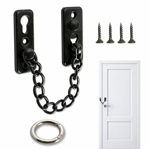 1PCS Door Chain, Door Security Chain, Anti-theft Safety Latch Lock with Spring Button Safety Buckle and 4 Screws, Stainless Steel Bold Chains for Hotel Apartment Home Bedroom Window Cabinet, Black