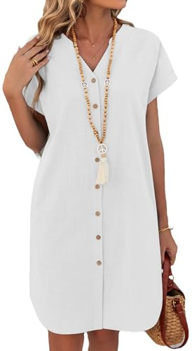 Zeagoo Women Button Down Dress Summer Linen Cotton Dress Short Sleeve Casual Shirt Dresses Loose Holiday Dresses White L