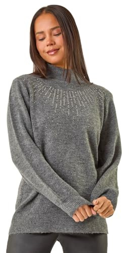 Roman Originals Diamante Sequin Jumper for Women UK Ladies Sparkly Glitter Sweater Embellished Smart Casual Autumn Winter High Neck Knitwear Knitted Pullover - Petite Grey - Size 10