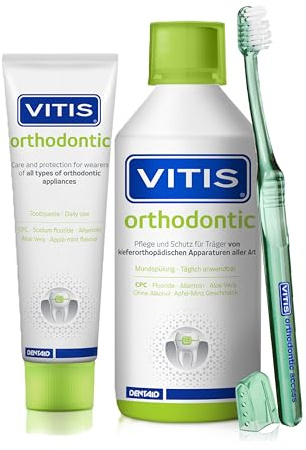VITIS Orthodontic Zahnpflege-Set – Zahnpasta & Mundspülung + Orthodontic Access Zahnbürste – für die tägliche Mundpflege bei Zahnspangen