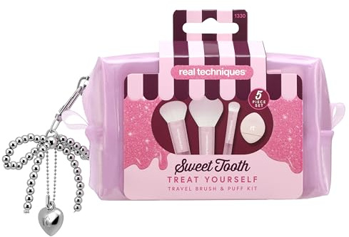 Real Techniques Sweet Tooth Treat Yourself Travel Brush & Puff Kit, 5 Stück | Mini Pinselset mit Puderquaste und Pinseltasche, Ideal zum Reisen, Geeignet für Alle Makeup Formeln, Tierversuchsfrei, Vegan