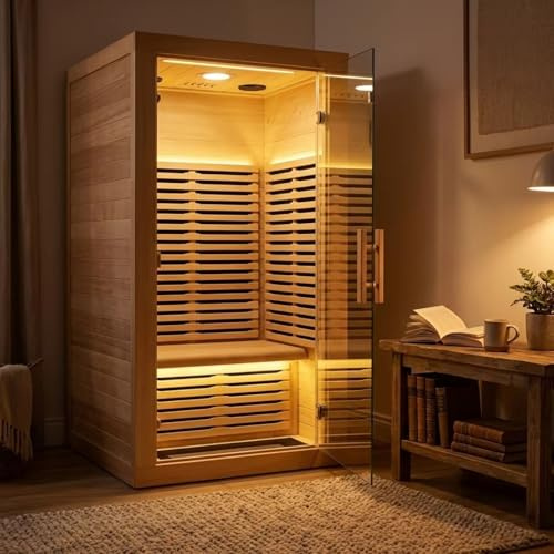 Sauna infrarroja para 2 personas para el hogar, interior, sala de sauna de infrarrojos lejanos con construcción de madera, paneles de calentamiento rápido para el hogar, spa, relajación