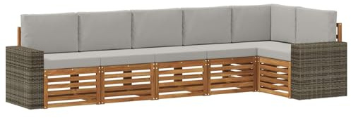 vidaXL Ecksofa Set 6 pcs Natürlich und Hellgrau Massivholz Akazie, Garten, modernes Outdoor-Sofa, Eckmöbel, Lounge für die Terrasse, gemütliches Sitzset