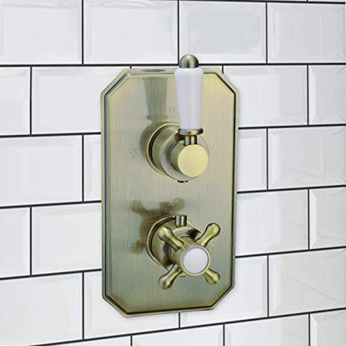 ENKI, Regent, TSV015, Antique Brass Twin Diverter Valve, Concealed Thermostatic Shower Mixer Tap Outlet for Bathrooms, Traditional Victorian Style