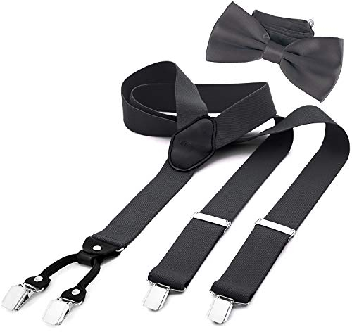 DonDon Herren 3,5 cm breiter Hosenträger in Y-Form elastisch und verstellbar im 2er Set mit farblich passender Fliege 12 x 6 cm