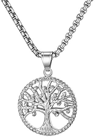JewelryWe Lebensbaum Kette, Edelstahl Strass Baum des Lebens Anhänger Halskette Charme Geschenk für Herren Damen, Silber