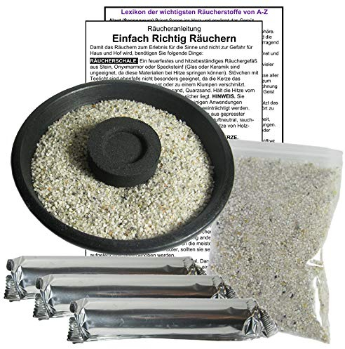 RÄUCHERSCHALE 10cm zum RÄUCHERN & AUSRÄUCHERN mit ZUBEHÖR für jedes RÄUCHERWERK & WEIHRAUCH. 6-TLG Räucher Set. Naturstein Schale + 30 x Räucherkohle + Räuchersand + Räucheranleitung. 81587-S10