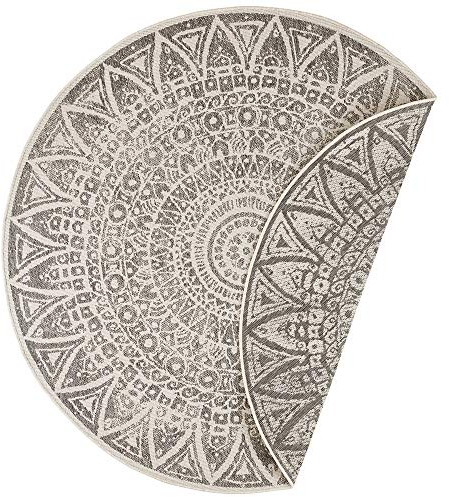 freundin Home Collection Nora In- & Outdoor Teppich Rund – Wendeteppich Wetterfest Modernes Design Runder Teppich für Balkon Terrasse Wintergarten Badteppich Wohnzimmerteppich, Grau Creme, 200cm