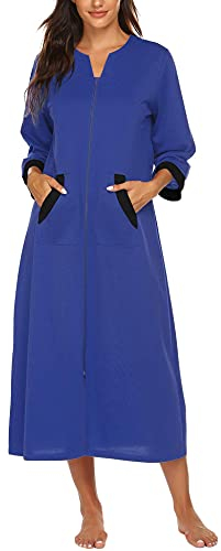 Ekouaer Damen-Bademantel mit Reißverschluss, 3/4-Ärmel, Loungewear, Kleid, volle Länge, Nachtwäsche, Taschen, Hausmantel, Nachthemd, langer Bademantel, Style 1 Schnorchel, Blau, XX-Large