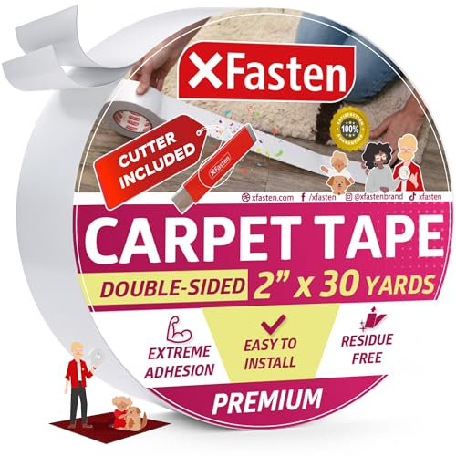 XFasten Double Sided Carpet Tape for Area Rugs 2 Inch x 30 Yards w/Mini Cutter, Residue-Free Carpet Tiles Tape, Heavy-Duty Rug Pad Gripper for Hardwood, Vinyl Flooring Underlayments, Laminate