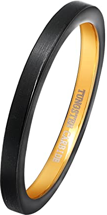 Phyonio Ringe 2mm Schwarz+Gold Wolfram für Verlobung Hochzeit Jahrestag Damen Matt Zweifarbig Schmale Ring Größe 54(17,2)
