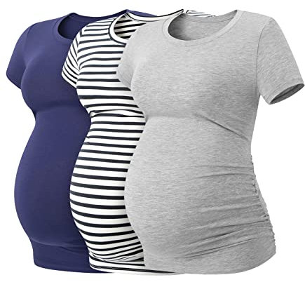 LAPASA Lot de 3 T-Shirts de Maternité Femme Vêtements de Grossesse Maillot de Corps Enceinte Manches Courtes L55 1 Bleu Indigo, 1 à Rayures Bleu Marine, 1 Gris Chiné S