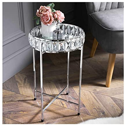 spot on dealz® Silver Crystal Mirrored Coffee Tables Round Bedside Table Removable Glass Top Tray Table Chrome Metal Side End Round Glass Kitchen Living Room Home Decor