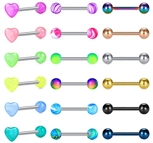 Rajnard 18 Stück Zungenpiercing 16mm Zungen Piercing 14G Chirurgenstahl mit Herz Top Glow in The Dark Kugel Zungenring für Damen Herren