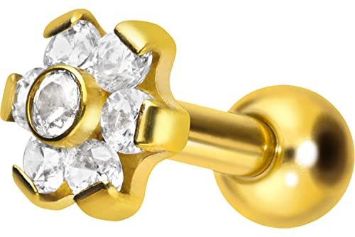 PIERCINGLINE Titan Ohrpiercing mit Innengewinde BLUME MIT 7 KRISTALLEN Piercing Ohr Helix Tragus Lobe Farb & Größenauswahl