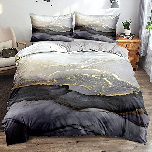 Luofanfei Housse de Couette 140x200 Gris Doré Marbre Motif Adulte Parure de lit Microfibre 2 Pièces Ensemble Literie 140 x 200 Modern Géométrique Linge de Lit avec Fermeture éclair 65x65cm