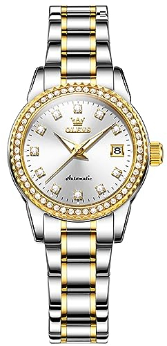 OLEVS Damen-Automatikuhr, Diamant, mechanisch, selbstaufziehend, modisch, elegant, leuchtend, wasserdicht, Edelstahl, Datum, 7003: Zweifarbiges Band und weißes Zifferblatt, Diamant-Armbanduhr
