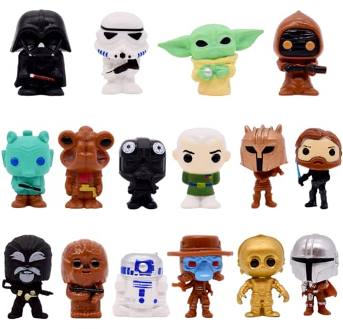 Mini Figurines Set, Décoration de Gâteau Sttar Warrs, 16 PCS Yo-da Cake Topper Anniversaire Fête Fournitures Mini Figurines Cupcake Topper pour Enfant Fête Décoration