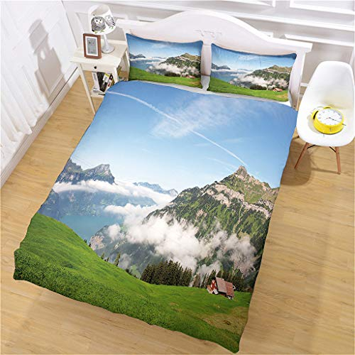 Biber Bettwäsche 135X200 Bettwäsche Set 3 Teilig, Flauschige Bettbezug Und 2 Kissenbezüge Mit Reißverschluss 3D Blauer Himmel, Berge, Natürliche Landschaft Druck Muster Microfaser Bettbezüge Fü
