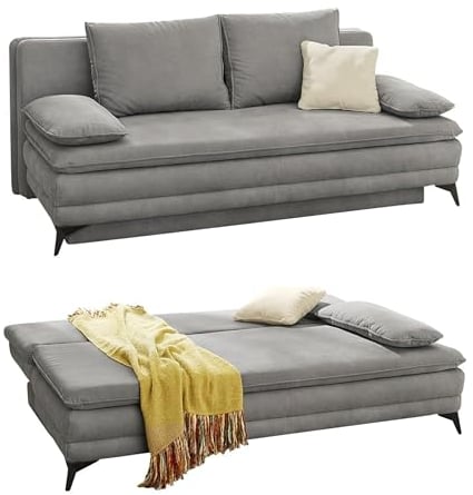 Hochwertiges Dauerschlafsofa 202 cm breit, integrierter Kaltschaum-Topper, Wellenfederung, Bettkasten, Schlaffunktion Liegefläche 158x199 cm, Microfaser in Hell-Grau / 15157