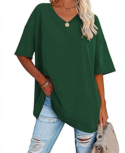 Famulily Women's Basic Tee Tops Soft Cotton V Neck Half Sleeve Baseball T Shirt Tunic Tops (XXL, Green)