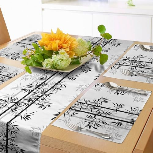 ABAKUHAUS Baum des Lebens Tischläufer & 4 Stück Tischsets, Monochrome Schlichte Design-Silhouetten von Baumblättern Japanisches Boho-Bild, Set für die Tischdekoration, 180 cm x 40 cm, Weiß