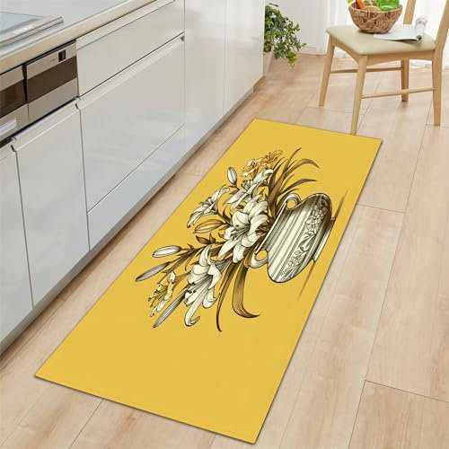 Generic Küchenläufer Kunstmalerei Lilie Motiv Teppich Läufer 60x150 cm, rutschfest Pflegeleicht Gelb Teppich Läufer für Küche, Flur, Eingangsbereich, Esszimmer
