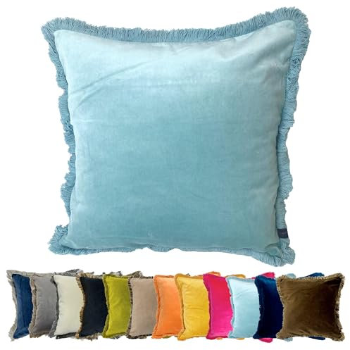 Ragged Rose Felicity Fringe Velvet Cushion Cover - 50cm x 50cm Covers with Zip-Fastening - Living Room & Bedroom Accessories - Duck Egg