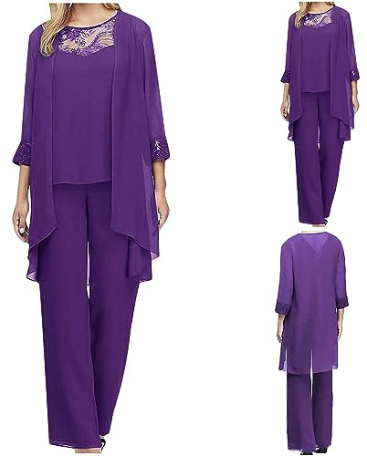 Hosenanzug Damen Chiffon Lose Mode Freizeitanzug Einfarbig Spitze Lounge Set Neues 2024 Kleidungsset Lose Freizeit Hosenanzug Atmungsaktiv Undurchsichtig Outfit Sommer Elegant Anzug (Lila, S)