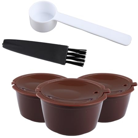 GroveEss 3 cápsulas de café reutilizables con 1 cuchara y 1 cepillo de limpieza, cápsula de café duradera recargable, filtro de taza de cápsulas para cafetera Dolce Gusto (marrón)