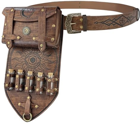 HiiFeuer 3PCs Mittelalter Alchemie Kunstleder Gürteltasche Set mit 5 Kork Zaubertrank Fläschchen, Geprägter Fantasy-Zauberer-Gürtel (Braun A)