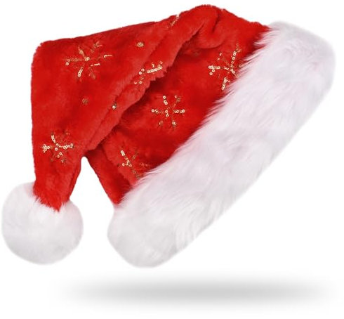 DUOJIN Weihnachtsmütze Nikolausmütze mit Soft Liner, Plüsche Weihnachtsmann Mütze mit Golden Pailletten Schneeflocke, Warm Santa Mütze für Kinder Erwachsene Weihnachten