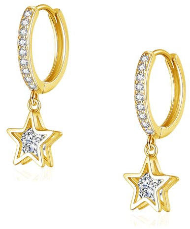 Glintara Ohrringe Silber 925 Hängend für Damen, 925 Sterling Silber Ohrringe Creolen mit Stern Anhänger, Kreolen Ohrhänger mit Cubic Zirkonia, Hängeohrringe Hypoallergene Ohrschmuck mit Geschenkbox