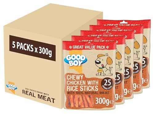 Good Boy Chicken & Rice Sticks - Low Fat Natural Dog Treats - Rawhide Free Recipe - Bulk Box - 5 x 300g