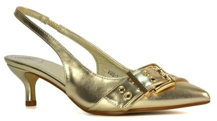 Women's Low Kitten Heel Pointed Toe Slingback Ladies Buckle Detail Gold Metallic Court Shoes Size 6