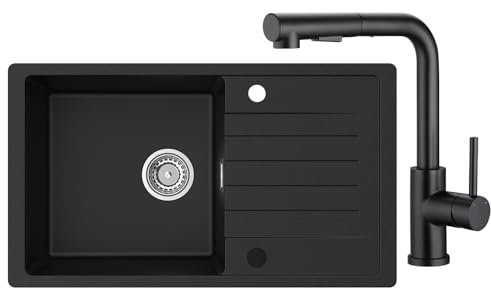 CECIPA Évier de cuisine noir 78 x 45 cm avec robinet de cuisine X203B lavabo de cuisine avec installation réversible 1 bac avec garniture d'écoulement et de trop-plein, encastrable à partir de