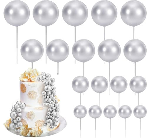 20Pcs Round Ball Cake Toppers Ball Cupcake Toppers Cake Decorations Bakeware Decorating Topper Sticks Mini Balloon Cake Insert Toppers for Anniversary Birthday Party Wedding Decor (Silver)